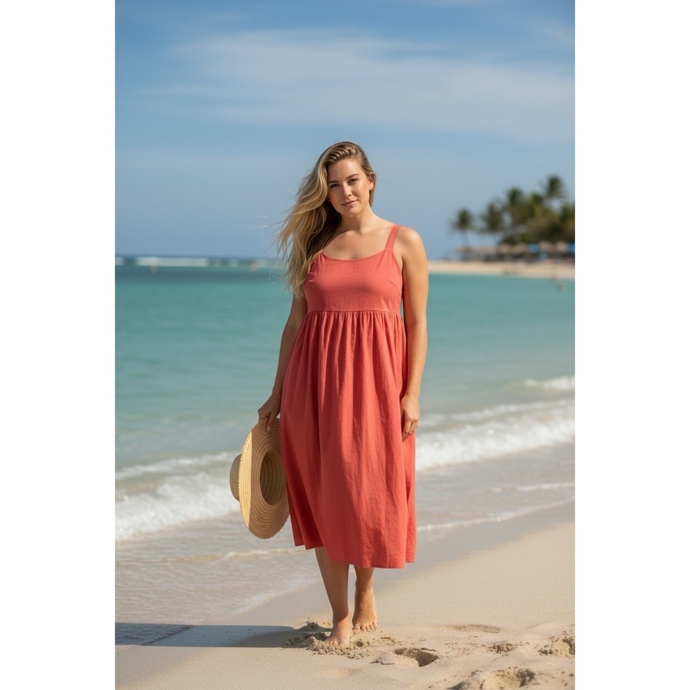 NWT Ava &‎ Viv Coral Empire Waist Midi Dress Plus Size 3X New Vacation Swim XXXL